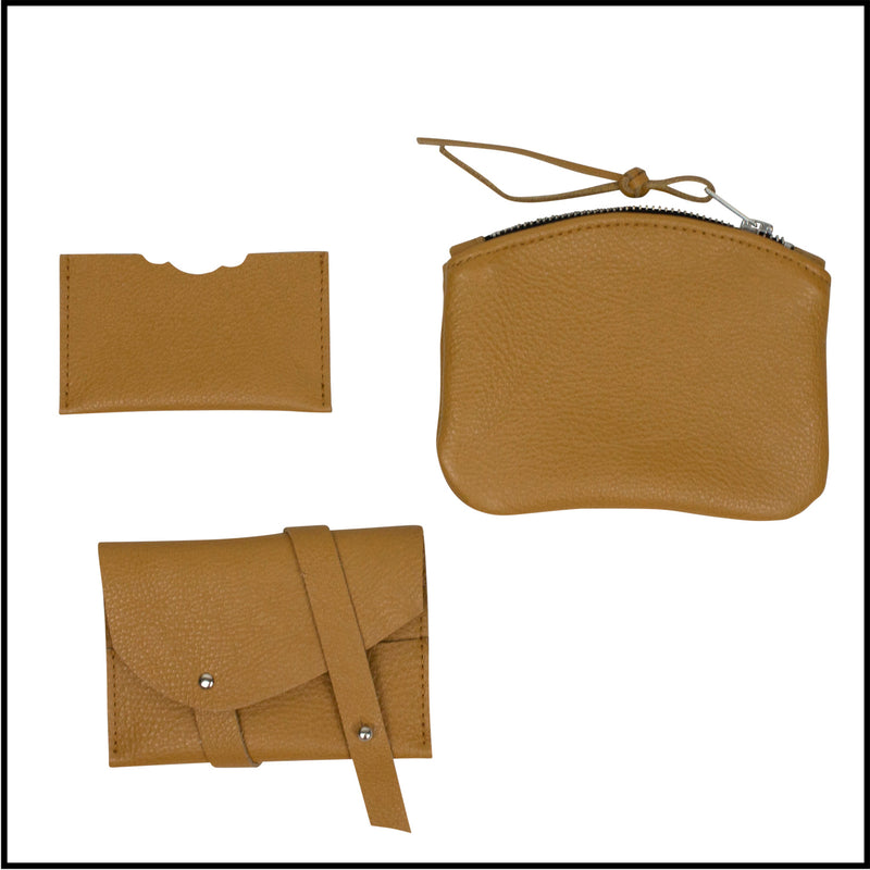 Set of leather accessories (small purse and credit card holder) on a white background