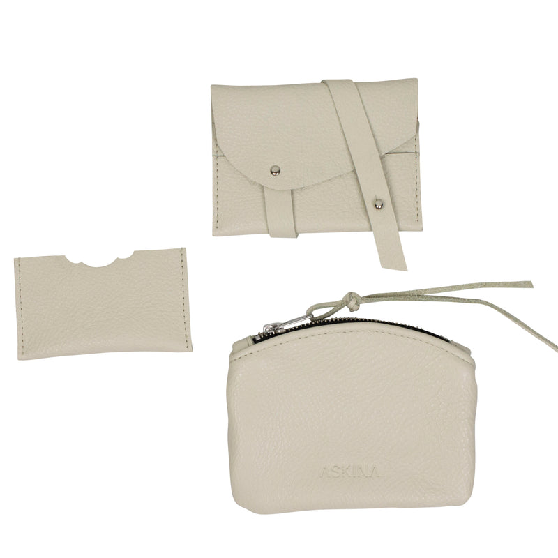 Set of leather accessories (small purse and credit card holder) on a white background